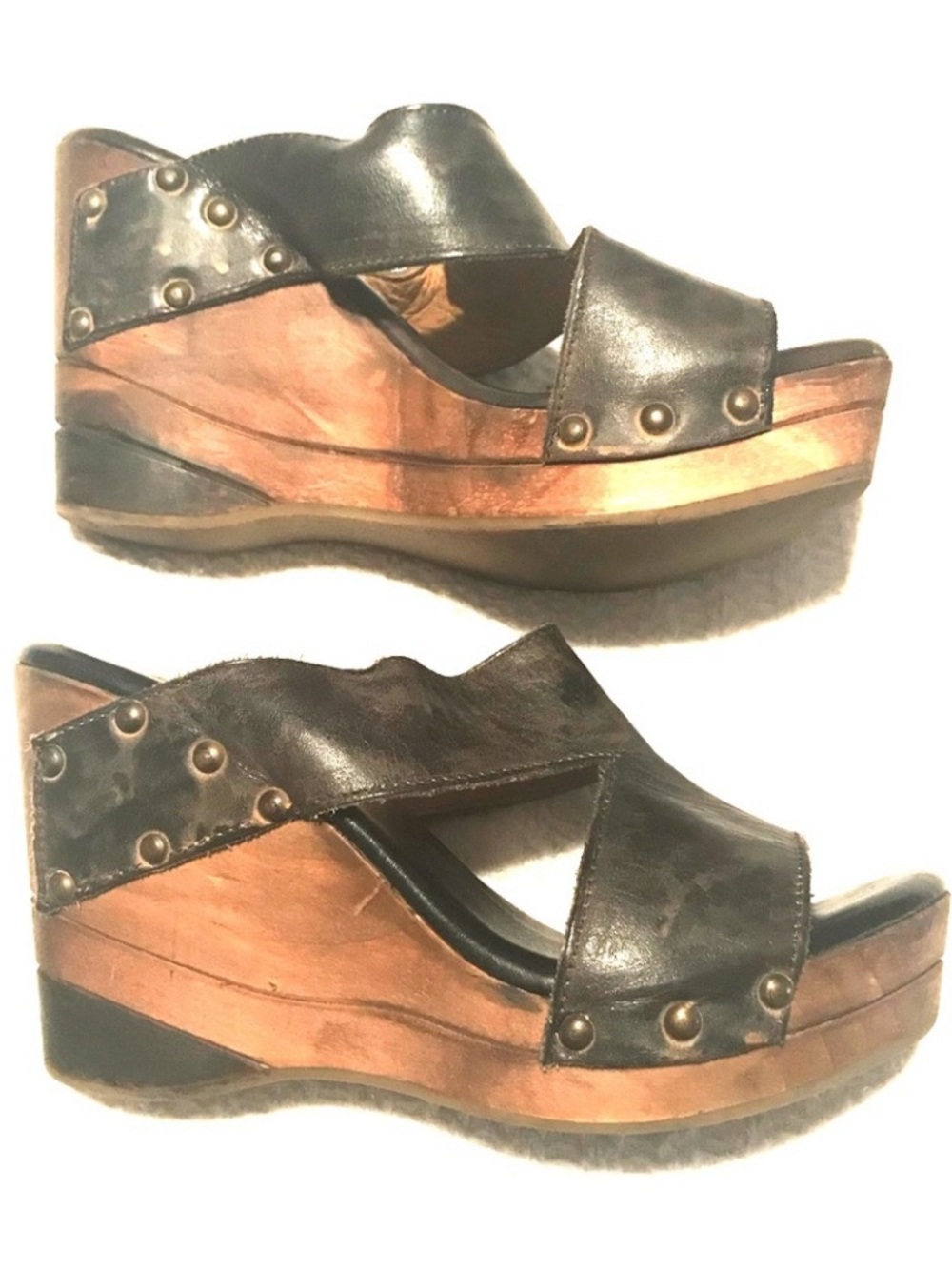 BED|STU Black Leather Studded Platform Wedge Sandals